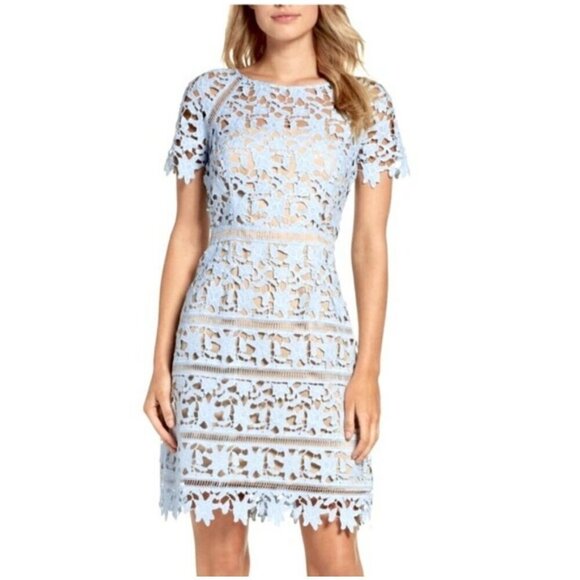 Eliza J Light Blue Floral Lace Short Sleeve Mini Dress Petite 4 - Picture 2 of 12